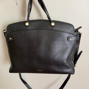 Furla Black Leather Satchel with Gold Accents